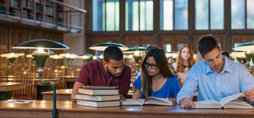 College students studying in a library